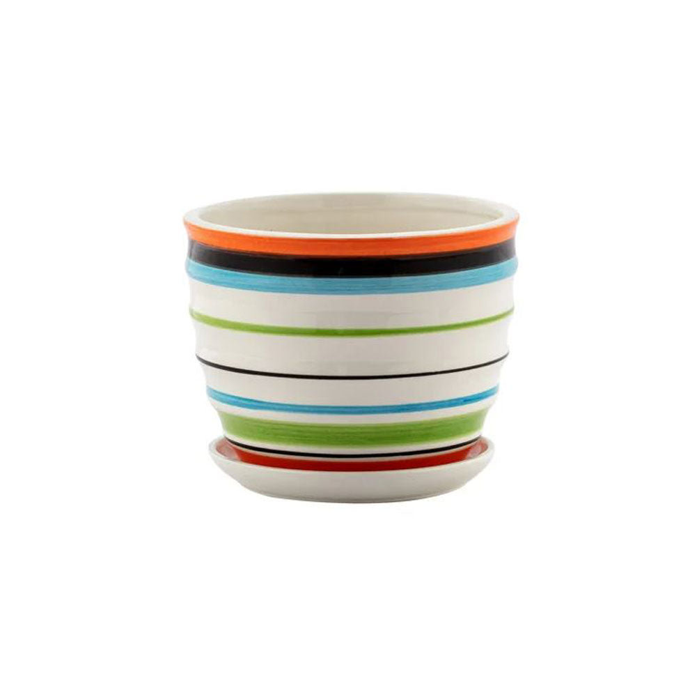 Napco, Blue/Coral Striped Pot W/Saucer