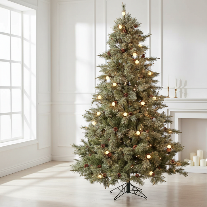 7.5' Iced Aspen Layered Lifelike Tree, Pre-Lit 850 Stay-Lit Clear Lights w/ 62 G40 Lights