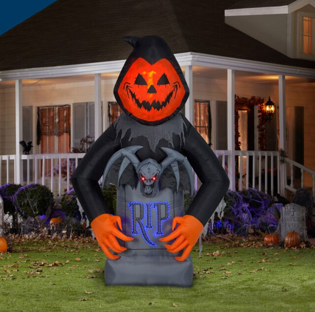 Gemmy, Pumpkin Ghost over a Gravestone Inflatable, 8.5' Tall