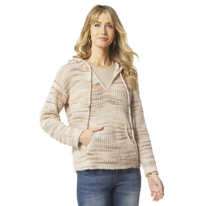 Coco and Carmen, Eva V-Neck Sweater with Hood, Tan