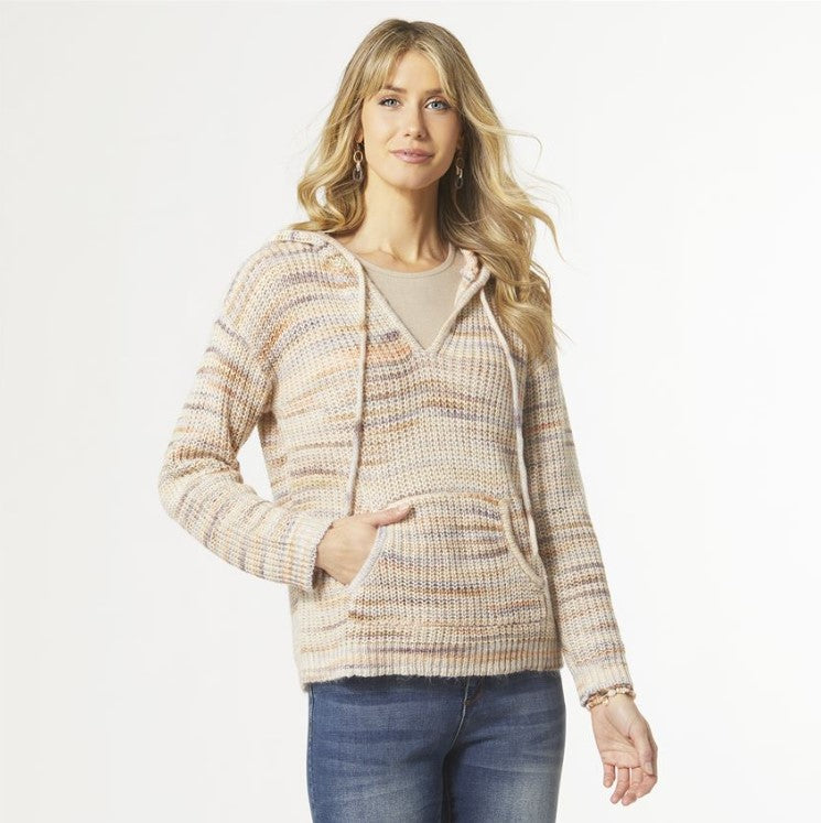 Coco and Carmen, Eva V-Neck Sweater with Hood, Tan