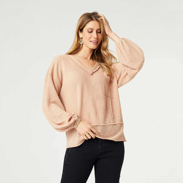 Coco+Carmen, V-Neck Soft Waffle Top, Beige