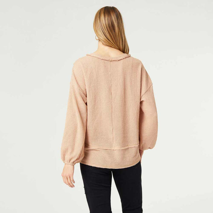 Coco+Carmen, V-Neck Soft Waffle Top, Beige