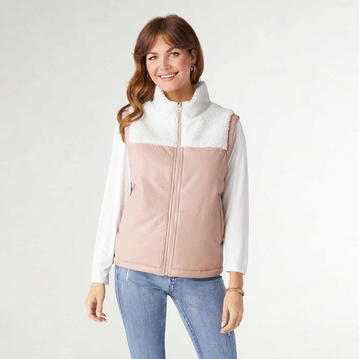 Coco+Carmen, Mixed Sherpa Pleathered Vest, White & Rush