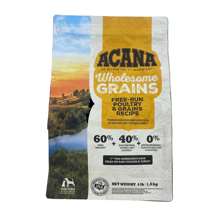 Acana Wholesome Grains dog food package on a shelf with a blurred background
