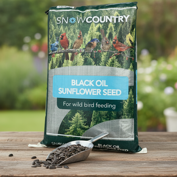 Bag of Snow Country Black Oil Sunflower Seed on a wooden table with a garden background