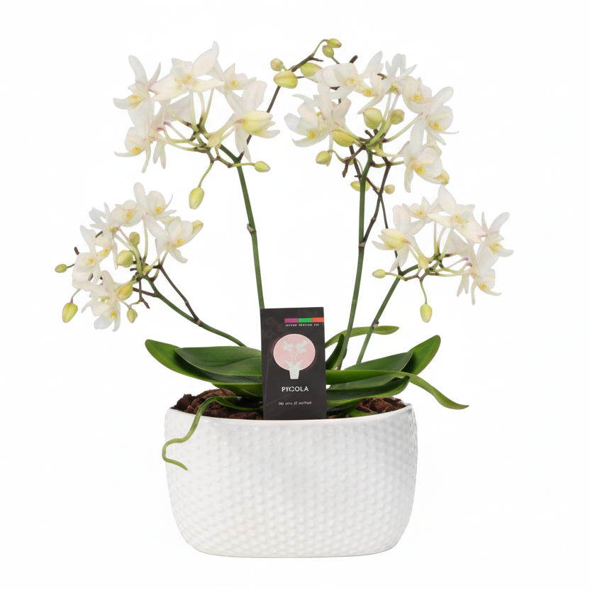 Potted orchid plant with a white pot on a light background