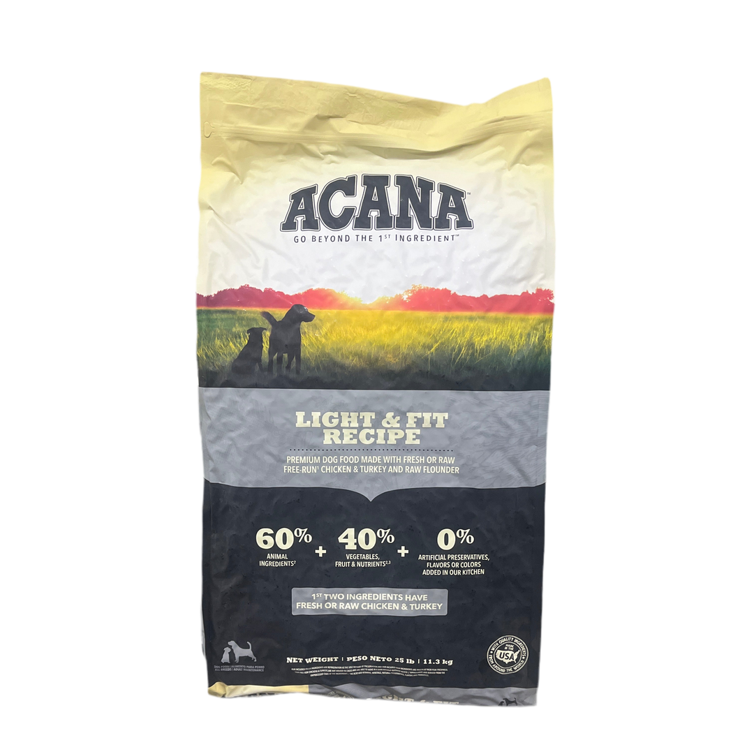 Acana Light & Fit recipe dog food packaging on a white background