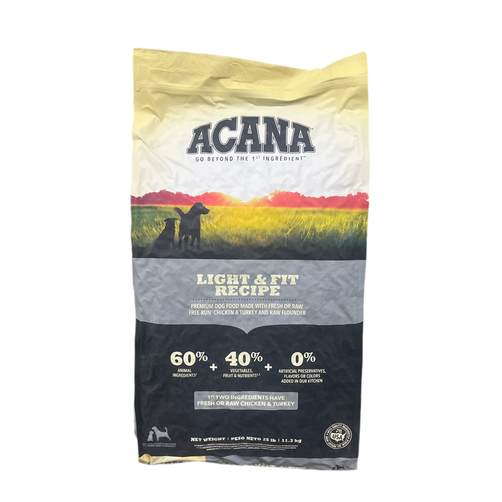 Acana Light & Fit recipe dog food packaging on a white background