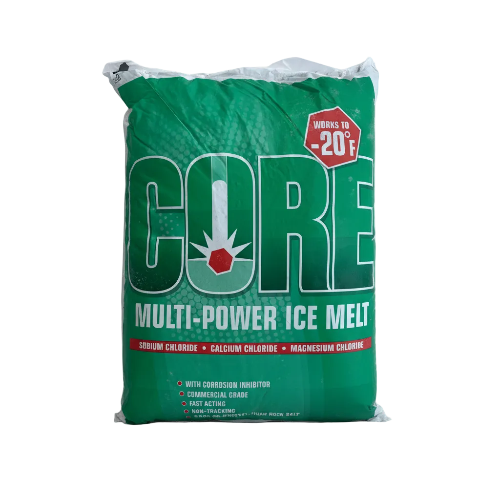 Green bag of CORE multi-power ice melt on a transparent background