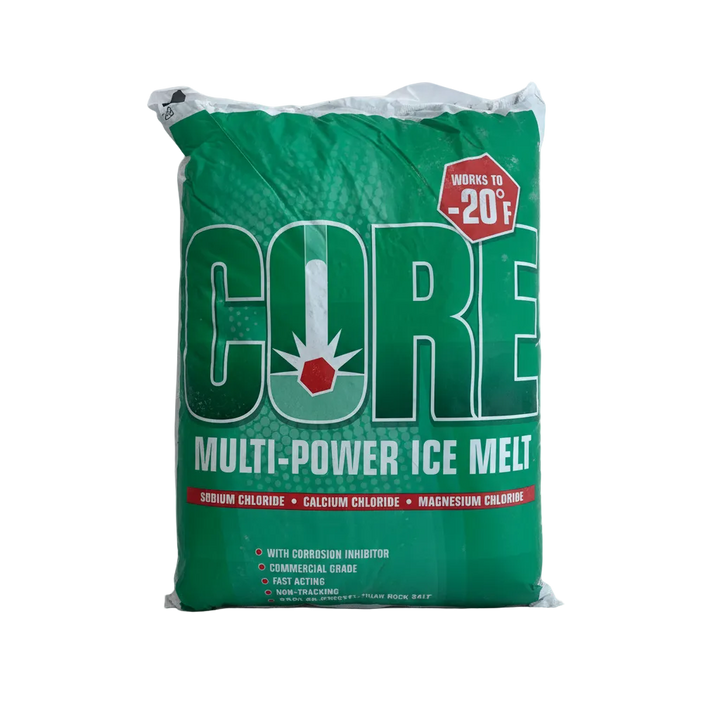 Green bag of CORE multi-power ice melt on a transparent background