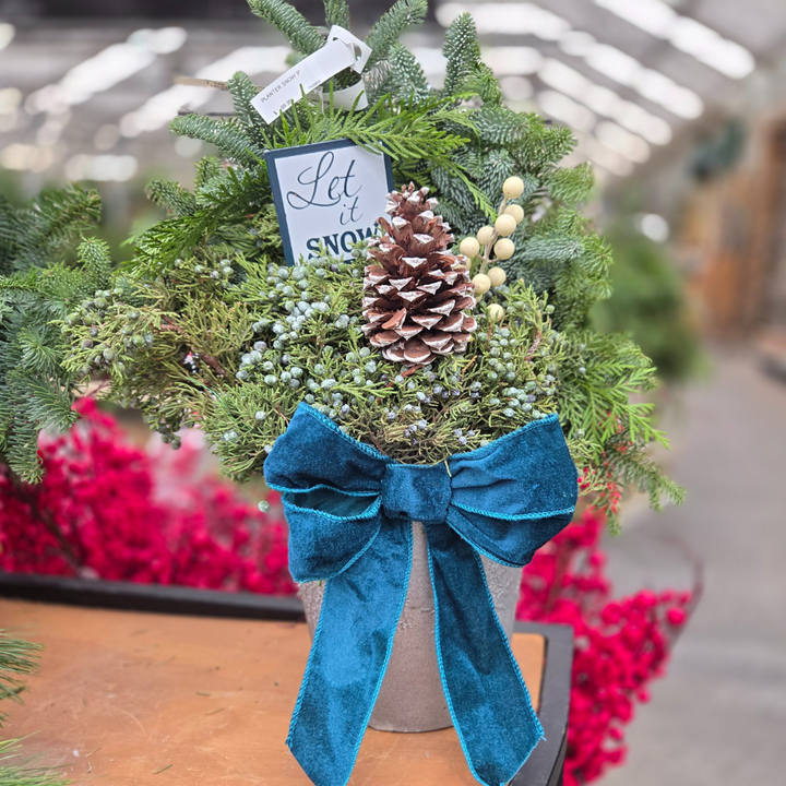 Let it Snow Planter, Fresh Greenery Arrangement in 9" Pot