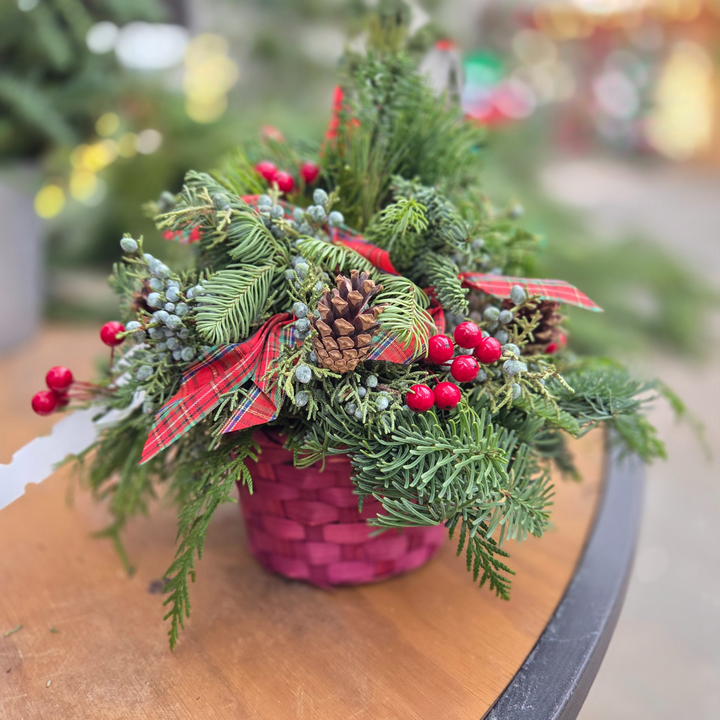 Berries & Bows Centerpiece, Fresh Greenery Arrangement