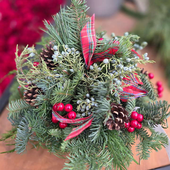 Berries & Bows Centerpiece, Fresh Greenery Arrangement