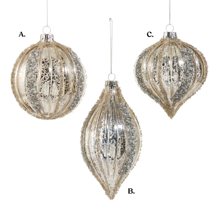 4" Mercury Glass Glitter Stripe Ornament - Assorted & Sold Separately