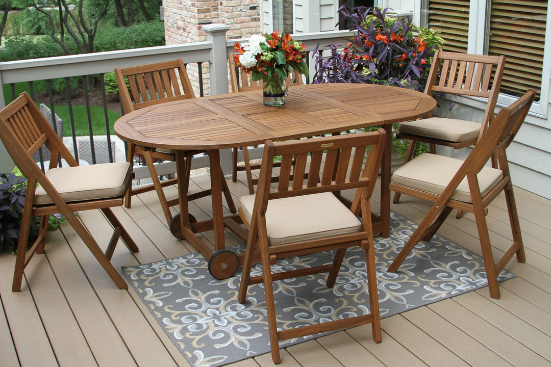 Outdoor Interiors, 7pc. Eucalyptus Oval Fold & Store Dining Set with Beige Cushions