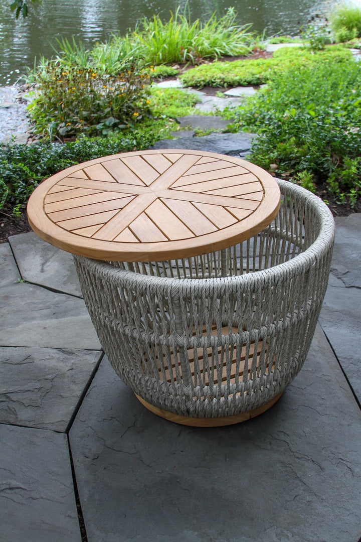 Outdoor Interiors, Teak and Cable Wicker Storage Accent Table